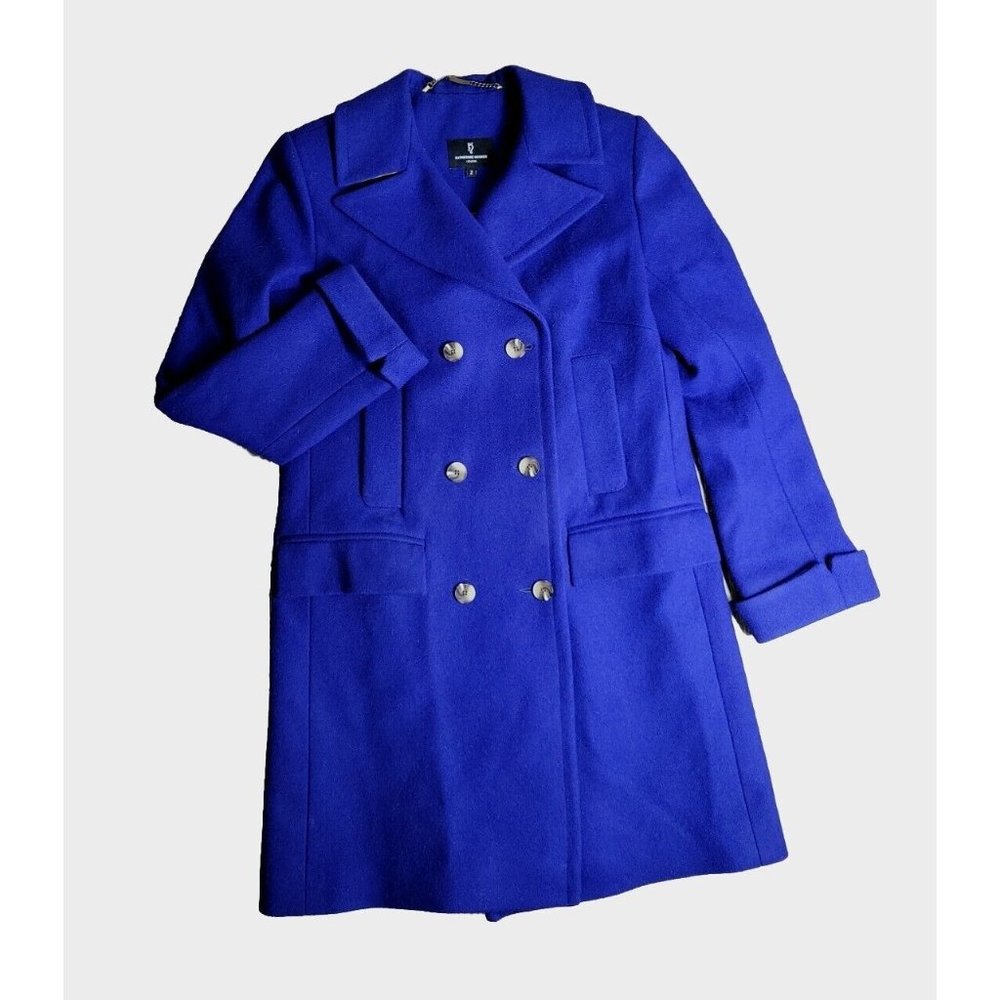 Katherine Hooker Women 2 Royal Blue 100% Wool Pea Coat Lined Pocket England Made